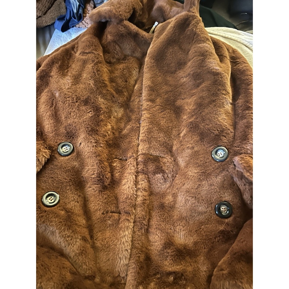 Free People Brown Faux Fur Teddy Coat Small Double Breasted Boho Winter Jacket